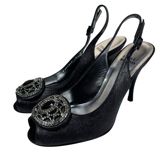 Stuart Weitzman Black Satin Crystal‎ Embellished Slingback Peep Toe Heels Size 7 - Picture 1 of 10